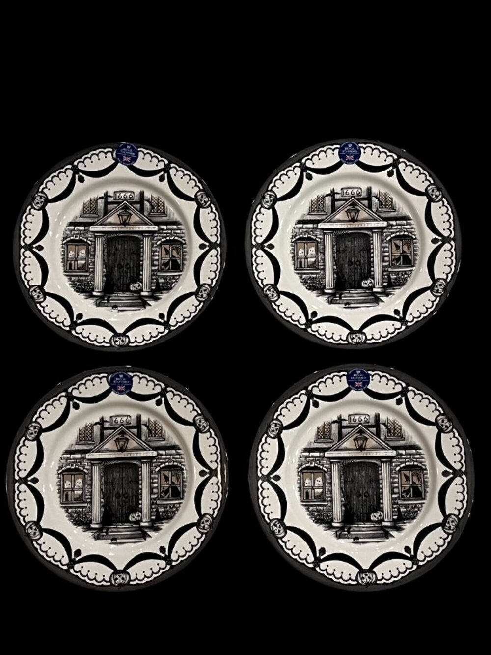 Royal Stafford Haunted House 1666 Halloween Dinner Plates 11" Set of 4 NEW